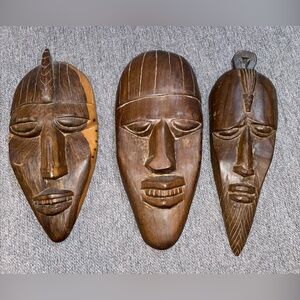 Vintage Wooden Hand Made Carved African Tribal Mask Wall Art Collection Of 3